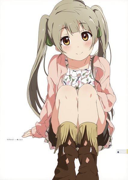 Anime picture 2486x3500 with love live! school idol project milky been! (ogipote) - anime heroine twinta-ka illubon (artbook) sunrise (studio) love live! minami kotori ogipote single long hair tall image looking at viewer blush fringe highres simple background smile brown hair white background sitting twintails brown eyes