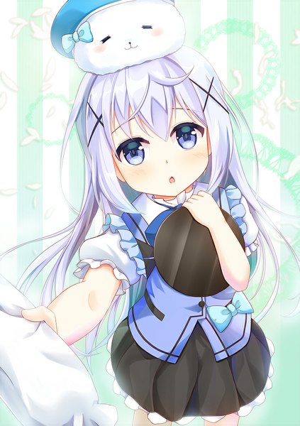 Anime picture 720x1020 with gochuumon wa usagi desu ka? white fox kafuu chino tippy (gochiusa) niiya single long hair tall image looking at viewer blush fringe open mouth purple eyes purple hair from above waitress animal on head girl uniform animal