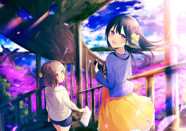 Anime picture 1300x919 with original achiki long hair looking at viewer blush fringe short hair open mouth black hair smile hair between eyes brown hair standing purple eyes multiple girls holding yellow eyes sky cloud (clouds) braid (braids)