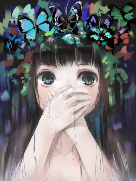 Anime picture 1200x1596 with original maigoyaki single long hair tall image looking at viewer fringe blue eyes black hair blunt bangs hair flower portrait covered mouth girl hair ornament insect butterfly
