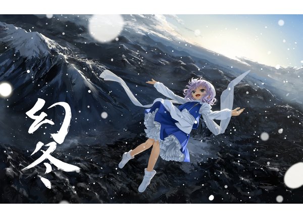 Anime picture 2670x1920 with touhou letty whiterock suna (s73d) single highres short hair open mouth smile purple hair long sleeves black eyes snowing letterboxed spread arms mountain falling knees together feet apart midair morning sunrise