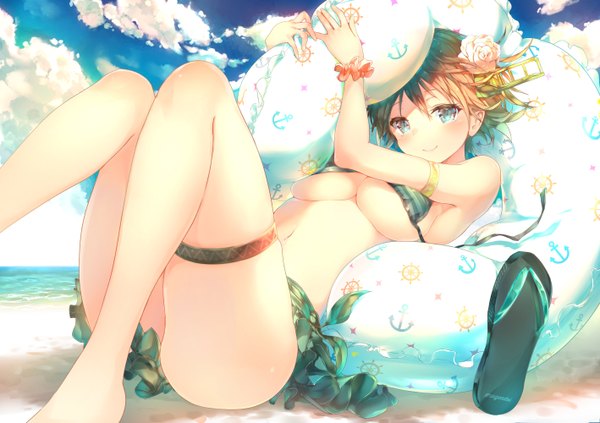 Anime picture 1418x1000 with kantai collection hiei battleship sune (mugendai) single blush short hair breasts blue eyes light erotic smile brown hair sky cloud (clouds) hair flower remodel (kantai collection) girl hair ornament flower (flowers) swimsuit bikini