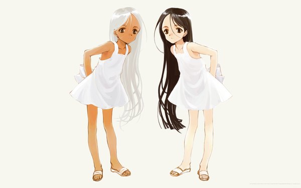 Anime picture 1920x1200 with littlewitch oyari ashito highres black hair simple background wide image standing white background multiple girls silver hair full body very long hair black eyes loli leaning leaning forward dark skin girl dress 2 girls
