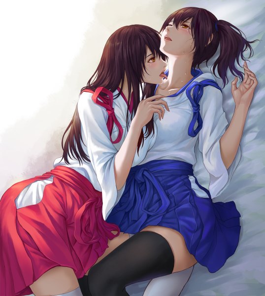 Anime picture 1075x1200 with kantai collection kaga aircraft carrier akagi aircraft carrier pengnangehao long hair tall image blush short hair open mouth light erotic black hair multiple girls brown eyes traditional clothes shoujo ai licking girl thighhighs black thighhighs 2 girls