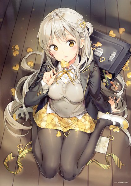 Anime picture 2760x3917 with original anmi single long hair tall image looking at viewer blush highres sitting brown eyes full body bent knee (knees) parted lips head tilt pleated skirt from above grey hair scan arm support sparkle