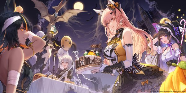 Anime picture 2000x1000 with girls frontline girls' frontline neural cloud persicaria (neural cloud) nanaka (neural cloud) croque (neural cloud) imhotep (neural cloud) fern (neural cloud) kim eb long hair looking at viewer fringe highres short hair breasts open mouth black hair smile wide image large breasts standing