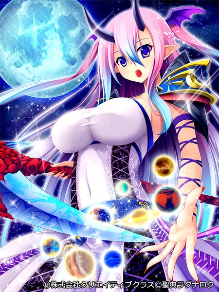 Anime picture 600x800 with seiten ragnarok pochadon single tall image breasts open mouth blue eyes light erotic pink hair multicolored hair horn (horns) night two-tone hair head wings girl dress weapon wings moon scythe