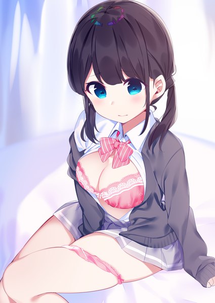 Anime picture 800x1130 with original chikuwa. single long hair tall image looking at viewer blush breasts blue eyes light erotic black hair large breasts sitting twintails cleavage open clothes low twintails sleeves past wrists between legs panties around one leg