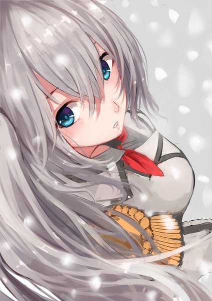 Anime picture 1240x1754 with kantai collection kashima training cruiser wenhe single long hair tall image looking at viewer blush fringe breasts blue eyes simple background hair between eyes silver hair parted lips looking back from above grey background expressionless girl