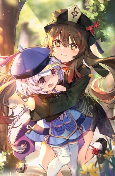Anime picture 1500x2288 with genshin impact hu tao (genshin impact) qiqi (genshin impact) kita (kitairoha) long hair tall image fringe hair between eyes brown hair purple eyes twintails multiple girls brown eyes purple hair outdoors braid (braids) hug single braid symbol-shaped pupils girl