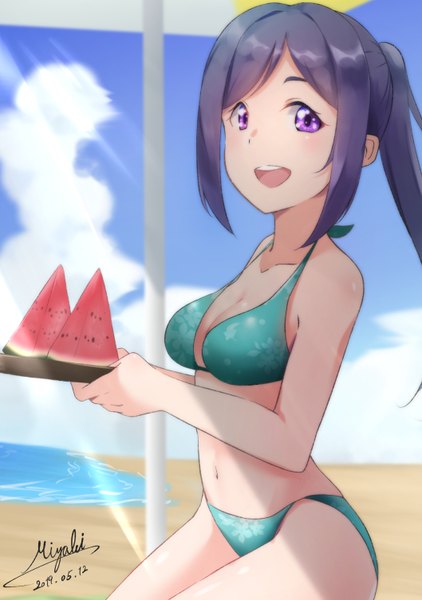 Anime picture 1058x1505 with love live! sunshine!! sunrise (studio) love live! matsuura kanan haruna miyabi single long hair tall image looking at viewer blush fringe breasts open mouth light erotic smile large breasts purple eyes holding signed blue hair