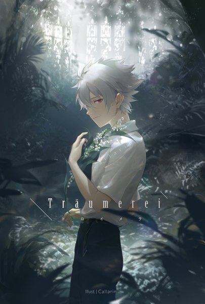 Anime picture 992x1468 with neon genesis evangelion gainax nagisa kaworu callarinc single tall image looking at viewer fringe short hair hair between eyes red eyes standing holding signed silver hair indoors profile light smile sunlight inscription
