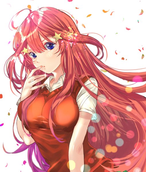 Anime picture 2800x3300 with go-toubun no hanayome nakano itsuki hatigatunoneko single long hair tall image looking at viewer fringe highres breasts blue eyes simple background hair between eyes large breasts white background upper body ahoge red hair multicolored hair two-tone hair