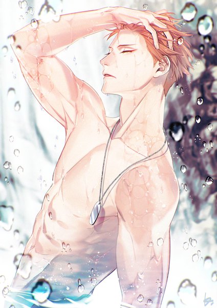 Anime picture 700x990 with hypnosis mic busujima riou mason 5046m single tall image short hair upper body eyes closed orange hair wet topless hand on head muscle boy water drop dog tags