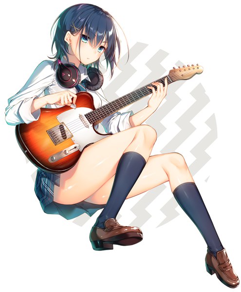 Anime-Bild 1212x1467 mit original toosaka asagi single tall image looking at viewer blush fringe short hair blue eyes light erotic simple background hair between eyes blue hair full body bent knee (knees) shiny skin plaid skirt headphones around neck playing instrument girl