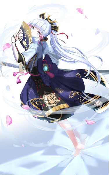 Anime picture 2500x4000 with genshin impact kamisato ayaka arane (lolitwin) single long hair tall image looking at viewer fringe highres blue eyes silver hair ponytail blunt bangs barefoot covered mouth girl petals fan hair tubes vision (genshin impact)