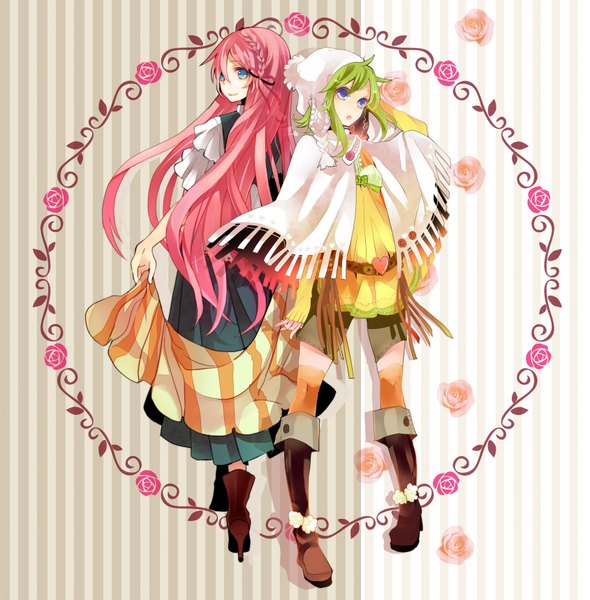 Anime picture 1689x1718 with vocaloid megurine luka gumi musou yuchi long hair tall image short hair open mouth smile purple eyes multiple girls pink hair long sleeves aqua eyes green hair high heels striped back to back striped background girl