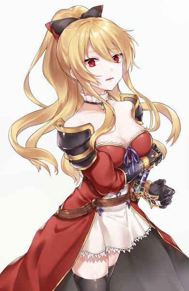 Anime picture 554x850 with granblue fantasy vira lilie shiao single long hair tall image looking at viewer fringe breasts simple background blonde hair hair between eyes red eyes white background bare shoulders cleavage ponytail floating hair girl thighhighs