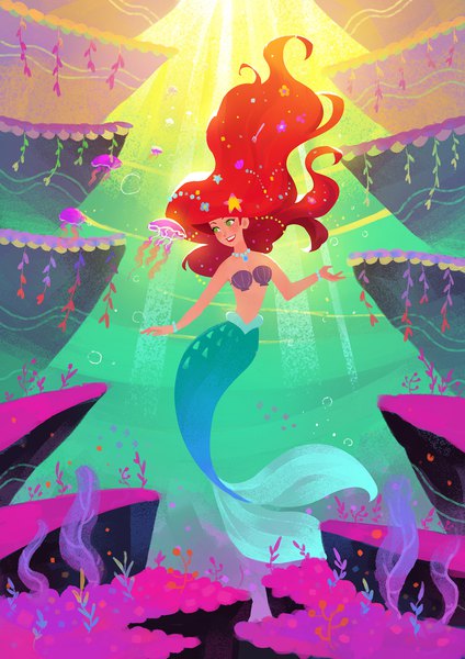 Anime picture 1414x2000 with the little mermaid disney ariel hachifuku single long hair tall image blush fringe light erotic smile green eyes looking away full body red hair sunlight lipstick grin christmas underwater