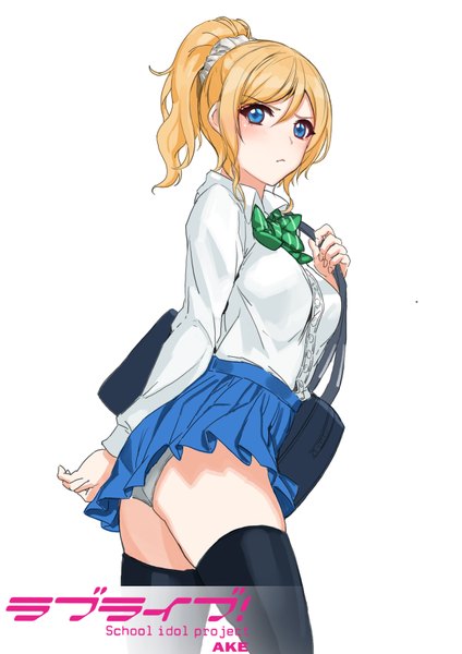 Anime picture 2480x3508 with love live! school idol project sunrise (studio) love live! ayase eli ake (cherrylich) single long hair tall image looking at viewer blush highres blue eyes light erotic simple background blonde hair white background ponytail embarrassed turning head arm behind back