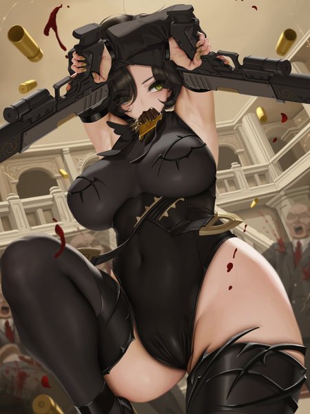 Anime picture 750x1000 with black survival rozzi (black survival) letdie1414 tall image fringe short hair breasts light erotic black hair large breasts standing holding green eyes payot looking away bent knee (knees) indoors nail polish fingernails hair over one eye