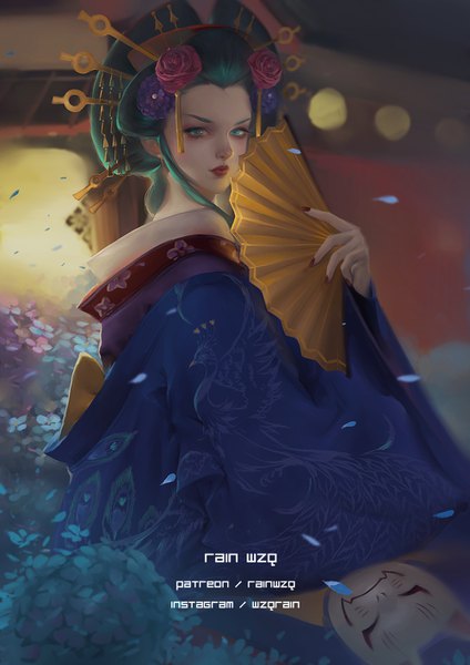 Anime picture 1000x1414 with one piece toei animation komurasaki (one piece) rainwzq single tall image looking at viewer short hair holding green eyes signed upper body nail polish traditional clothes japanese clothes hair flower fingernails green hair wind realistic
