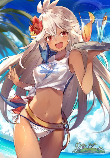Anime picture 750x1071 with granblue fantasy the order grande shugao single long hair tall image looking at viewer blush fringe open mouth blonde hair smile hair between eyes red eyes bare shoulders holding sky cloud (clouds) ahoge outdoors
