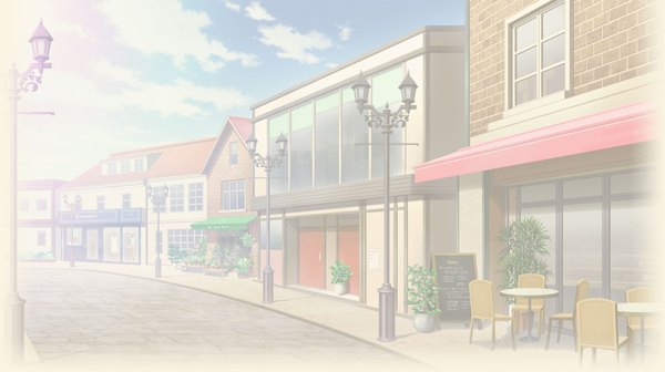 Anime picture 1840x1032 with jewelic nightmare idea factory highres wide image sky cloud (clouds) shadow cityscape no people landscape street plant (plants) window building (buildings) chair table lamp house road door
