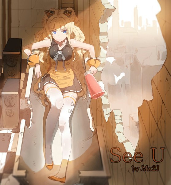 Anime picture 936x1008 with vocaloid seeu mx2j (nsh6394) single long hair tall image looking at viewer blue eyes blonde hair sitting twintails inscription city broken hole girl thighhighs dress hair ornament white thighhighs