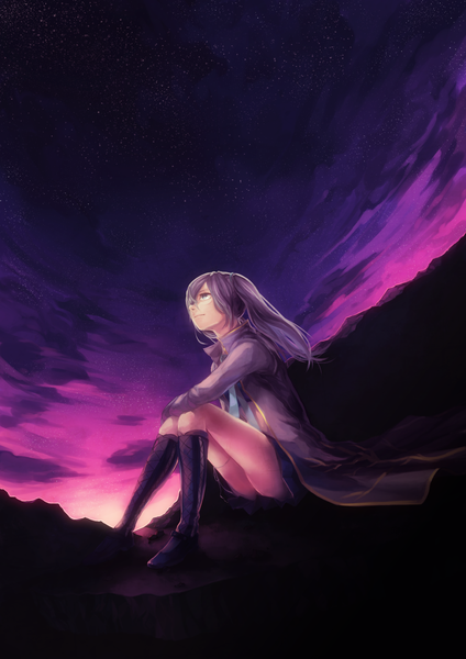 Anime picture 2480x3507 with vocaloid hatsune miku daikai (artist) single long hair tall image highres blue eyes twintails sky purple hair light smile night girl skirt necktie jacket boots star (stars)