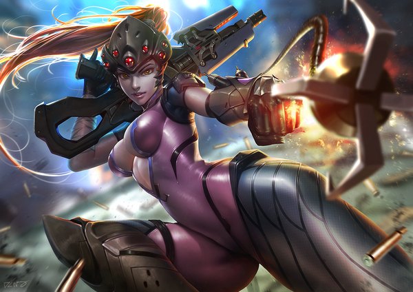 Anime picture 1400x990 with overwatch blizzard entertainment widowmaker (overwatch) dcwj single long hair looking at viewer breasts light erotic smile brown hair large breasts holding brown eyes signed bent knee (knees) ponytail parted lips arm up blurry