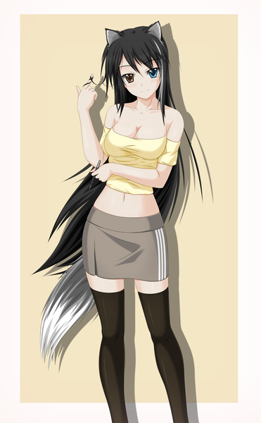 Anime picture 1600x2585 with original midnight (artist) single long hair tall image black hair simple background bare shoulders animal ears cleavage animal tail cat ears cat tail heterochromia girl thighhighs skirt black thighhighs miniskirt