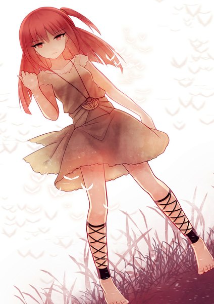 Anime picture 707x1000 with magi the labyrinth of magic a-1 pictures morgiana cuivre tall image looking at viewer short hair red eyes red hair barefoot from below one side up girl dress plant (plants) grass