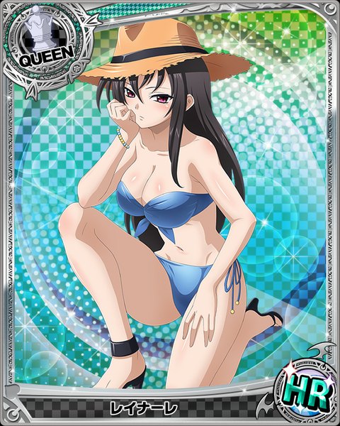 Anime picture 640x800 with highschool dxd raynare (dxd) single tall image looking at viewer breasts light erotic black hair purple eyes cleavage very long hair card (medium) girl navel swimsuit hat bikini straw hat