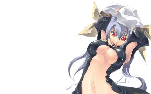 Anime picture 1920x1200 with guilty gear dizzy (guilty gear) tagme (artist) single long hair looking at viewer highres breasts light erotic simple background red eyes wide image white background signed blue hair midriff hands behind back center opening girl navel