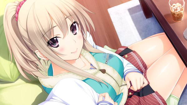 Anime picture 1280x720 with niizuma lovely x cation naruse nono iizuki tasuku long hair looking at viewer blush fringe blonde hair smile wide image sitting purple eyes payot game cg ponytail from above solo focus pov girl scrunchie
