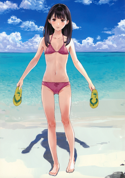 Anime picture 1226x1750 with original grumble (artbook) kishida mel single long hair tall image looking at viewer blush breasts open mouth light erotic black hair bare shoulders holding brown eyes sky cloud (clouds) barefoot bare legs beach