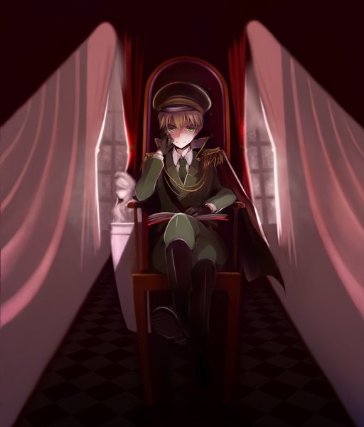 Anime picture 1512x1772 with axis powers hetalia studio deen united kingdom (hetalia) musou yuchi single tall image looking at viewer short hair blonde hair sitting green eyes light smile boy gloves uniform thigh boots military uniform peaked cap epaulettes