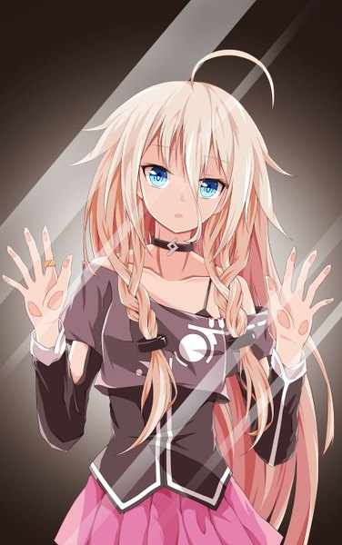 Anime picture 920x1468 with vocaloid ia (vocaloid) dying (artist) single long hair tall image looking at viewer fringe blue eyes blonde hair standing bare shoulders ahoge braid (braids) pleated skirt twin braids against glass girl skirt choker