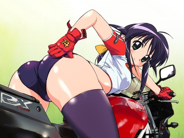 Anime picture 1600x1200 with mahoromatic andou mahoro highres light erotic ass bent over thighhighs short shorts motorcycle