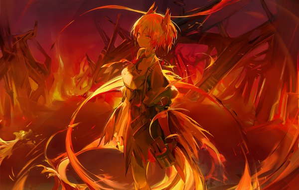 Anime picture 3916x2500 with arknights fiammetta (arknights) koio single looking at viewer highres short hair standing absurdres ponytail orange hair orange eyes girl flame