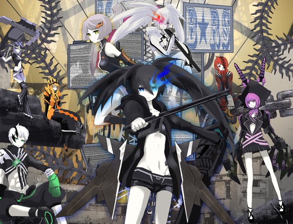 Anime picture 1511x1157 with black rock shooter black rock shooter (character) white rock shooter nafhe nana gray llwo mefe szzu mzma long hair looking at viewer short hair blue eyes simple background red eyes purple eyes twintails multiple girls green eyes yellow eyes