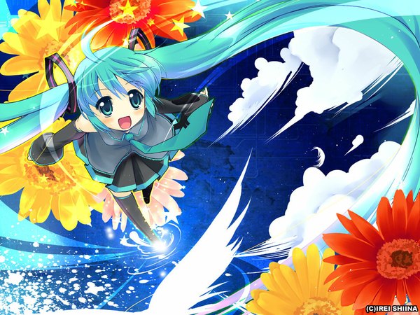 Anime picture 1000x750 with vocaloid hatsune miku child-box single long hair looking at viewer blush fringe open mouth smile twintails green eyes cloud (clouds) green hair zettai ryouiki glowing flying girl thighhighs skirt
