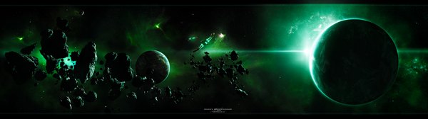 Anime picture 3840x1080 with original tsarye highres wide image inscription light no people scenic space long image star (stars) planet spacecraft