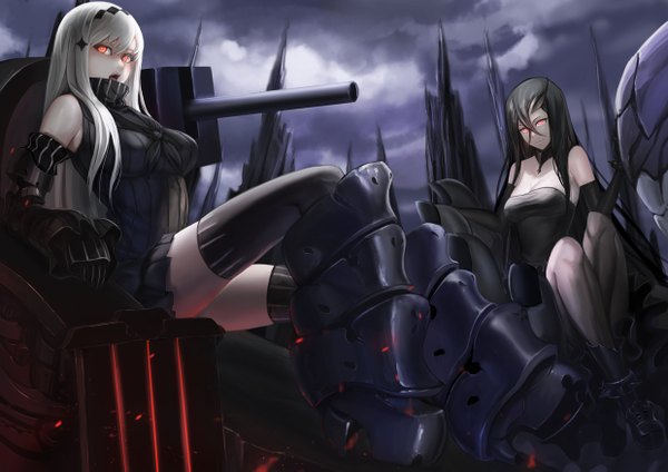 Anime picture 1240x877 with kantai collection battleship water oni aircraft carrier water oni sturmjager long hair looking at viewer open mouth black hair hair between eyes red eyes sitting multiple girls white hair shinkaisei-kan girl thighhighs dress gloves weapon black thighhighs