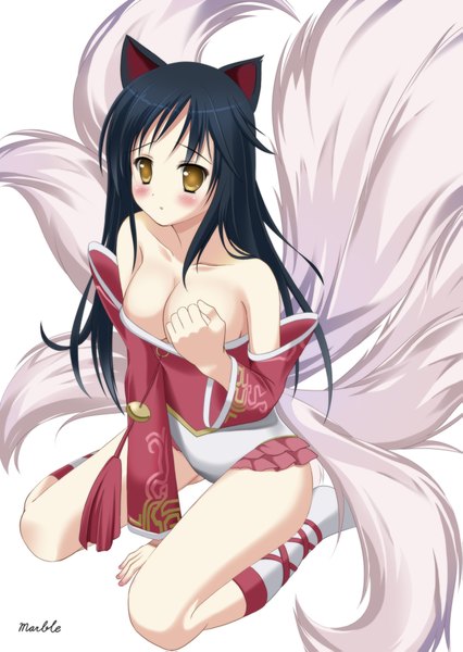 Anime picture 1447x2039 with league of legends ahri (league of legends) marble-0 single long hair tall image looking at viewer blush light erotic black hair white background animal ears yellow eyes multiple tails girl detached sleeves