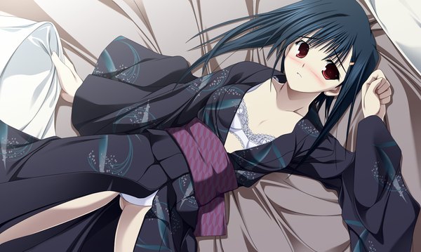 Anime picture 1024x614 with primitive link purple software light erotic black hair red eyes wide image game cg japanese clothes pantyshot girl underwear panties kimono