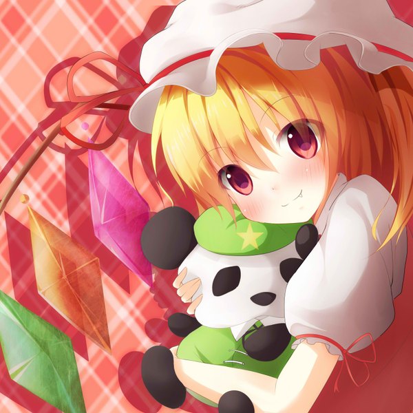 Anime picture 1500x1500 with touhou flandre scarlet nicoby blush short hair blonde hair red eyes teeth loli fang (fangs) girl wings bonnet crystal
