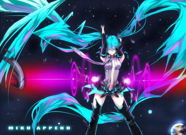 Anime picture 1200x873 with vocaloid vocaloid append hatsune miku hatsune miku (append) zhuxiao517 single smile twintails very long hair nail polish aqua eyes aqua hair girl detached sleeves