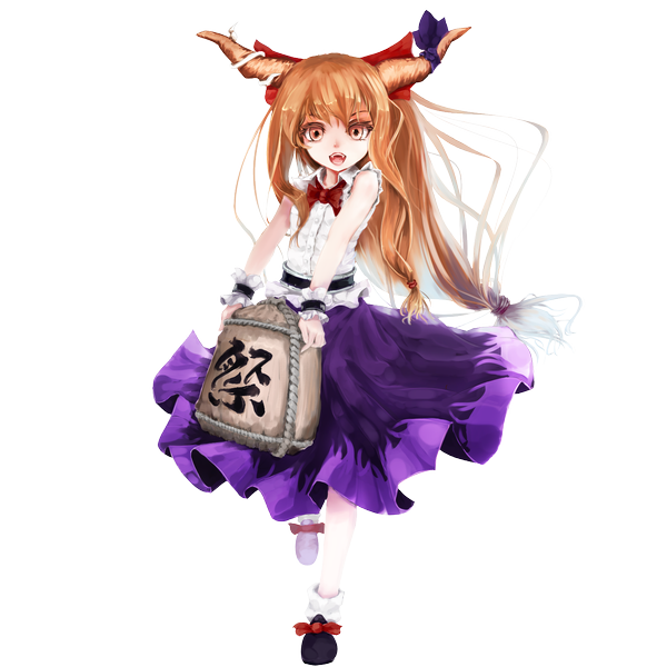 Anime picture 1447x1447 with touhou ibuki suika childofa single long hair open mouth brown hair bare shoulders brown eyes horn (horns) transparent background girl dress bow hair bow